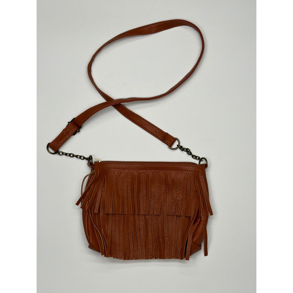 Brown Faux Leather Fringe Crossbody Bag Boho Chic Adjustable Strap Mossimo